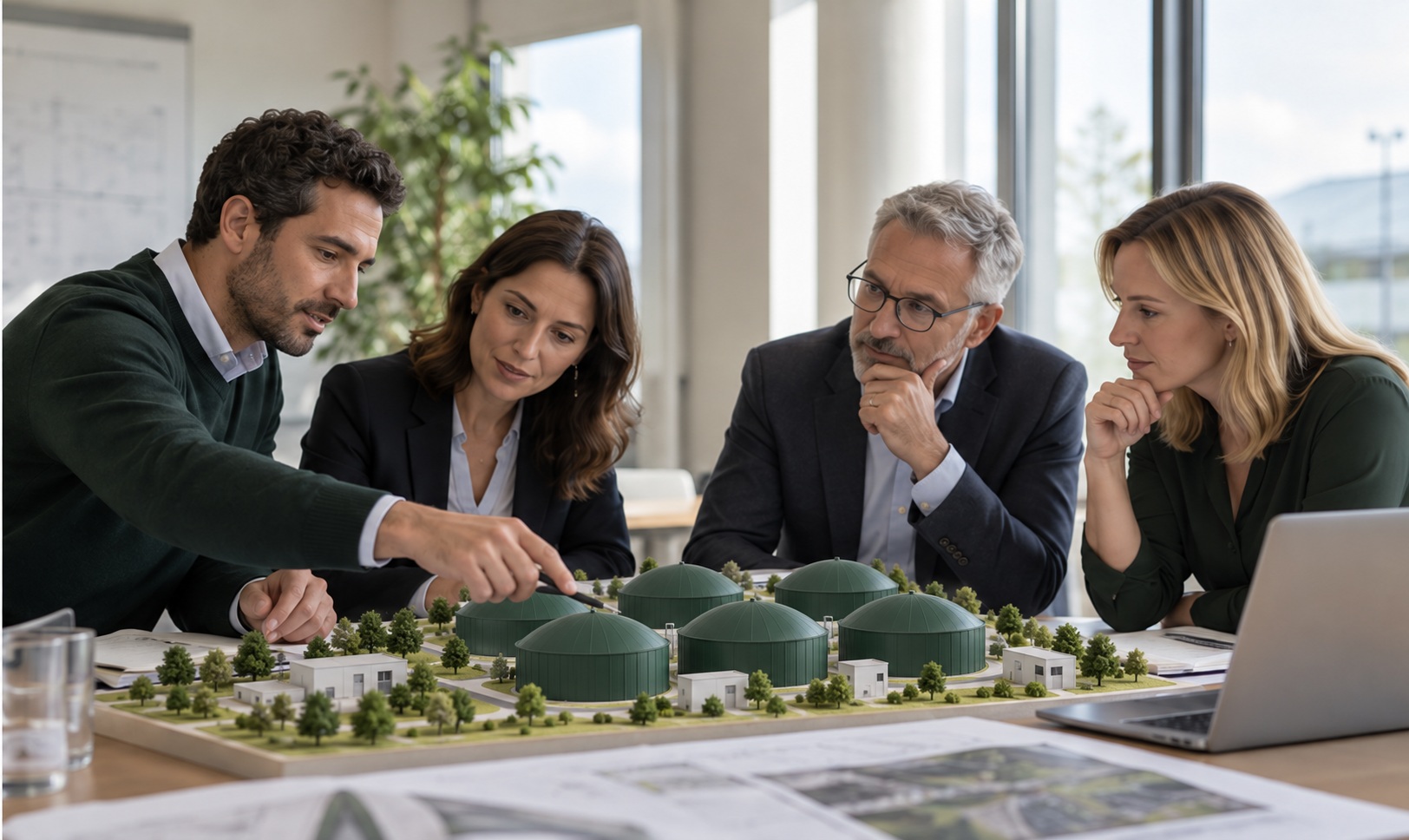 Team working together on a biomethane plant model